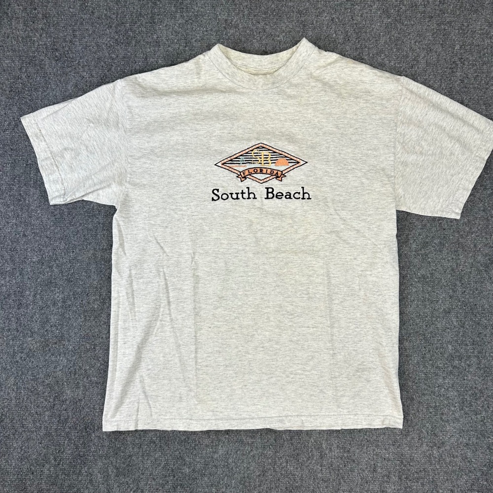 Vintage King Cotton South Beach Florida Embroidered T-Shirt Gray L Made in USA